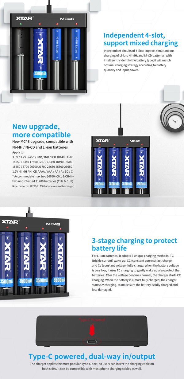 XTAR MC4S Professional 4-Bay Li-ion Battery Charger - 1A Fast Charge, Intelligent Monitoring, Compatible with 18650/26650/21700