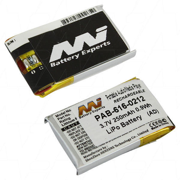 MI Battery Experts PAB-616-0212-BP1 Compact 250mAh LiPo Battery for Portable Audio - 3.7V, 12g, 20.4x31.5mm