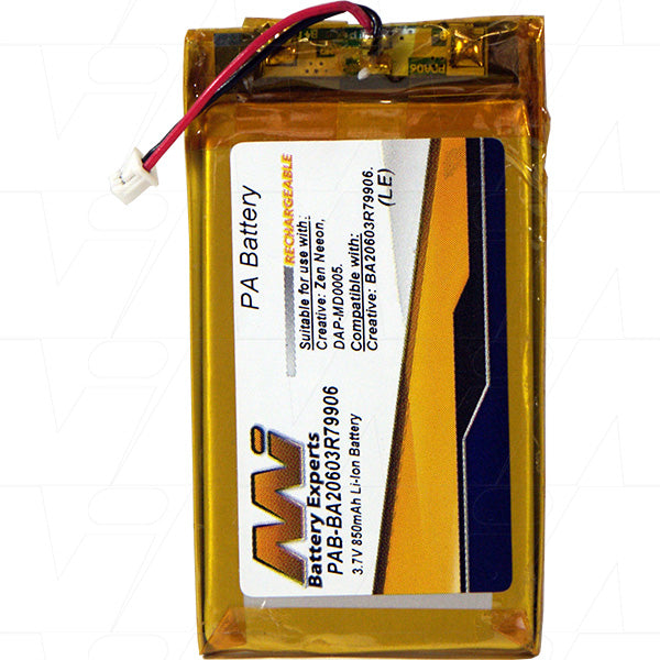 Professional-Grade LiPo Battery for Portable Audio/Video MI Battery Experts PAB-BA20603R79906-BP1, 850mAh, 3.7V, 17g