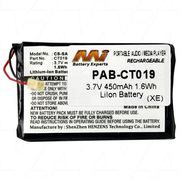 MI Battery Experts PAB-CT019 Pro-Grade 450mAh Li-Ion Battery for Portable Audio/Video Devices - 3.7V, 1.7Wh, Compact 22.5x38.7mm