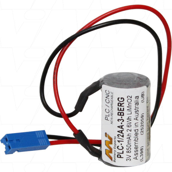 MI Battery Experts PLC-1/2AA-3-BERG Industrial 3V Lithium Battery for PLC & CNC Memory Backup, 850mAh, 1/2AA Size