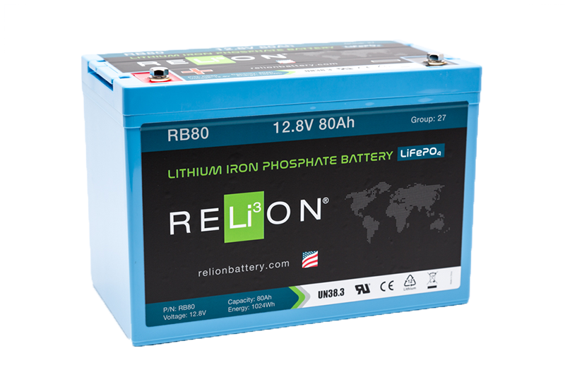 RELiON RB80 12V 80Ah LiFePO4 Lithium Battery - Deep Cycle, RV, Marine, Trolling Motor Power, Lightweight
