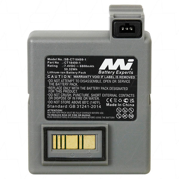 MI Battery Experts SB-CT18499-1 Professional 7.4V Li-Ion Battery Pack for Mobile Printers - 6.8Ah, 50.3Wh, Compact 73x26.8mm