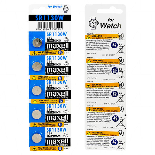 Maxell SR1130W Silver Oxide Button Cell Battery 5-Pack 1.55V, 82mAh, 11.6mm for Watches & Precision Devices