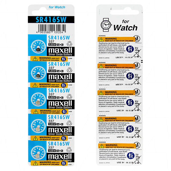 Maxell SR416SW Silver Oxide Button Cell Battery Pack - 1.55V, 8mAh, 4.8mm Diameter for Watches & Precision Devices