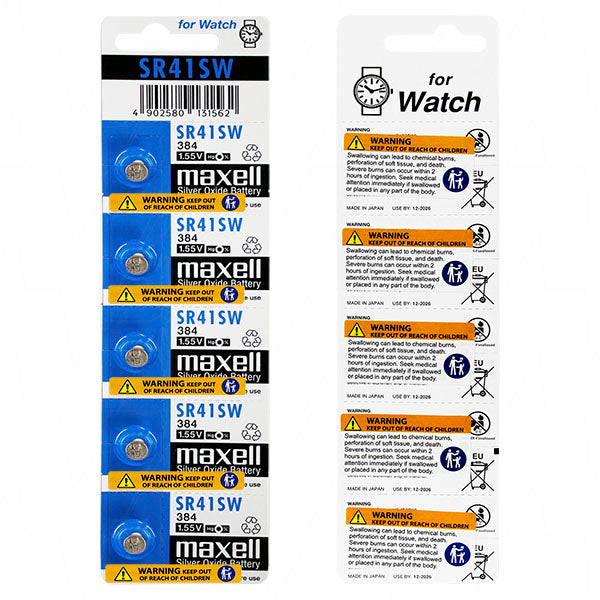 Maxell SR41SW-BP5 Silver Oxide Button Cell Battery 1.55V, 45mAh, 7.9x3.6mm for Watches & Precision Devices