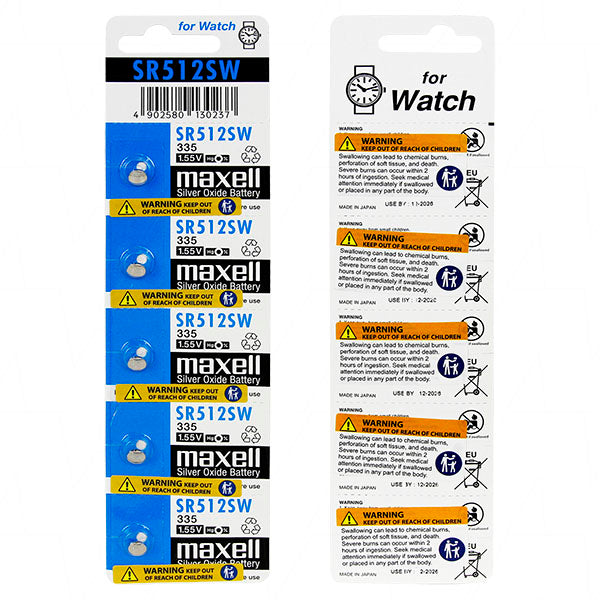 Maxell SR512SW-BP5 Silver Oxide Watch Battery 5-Pack 1.55V, 5.5mAh, Ultra-Thin 1.25mm for Precision Timepieces