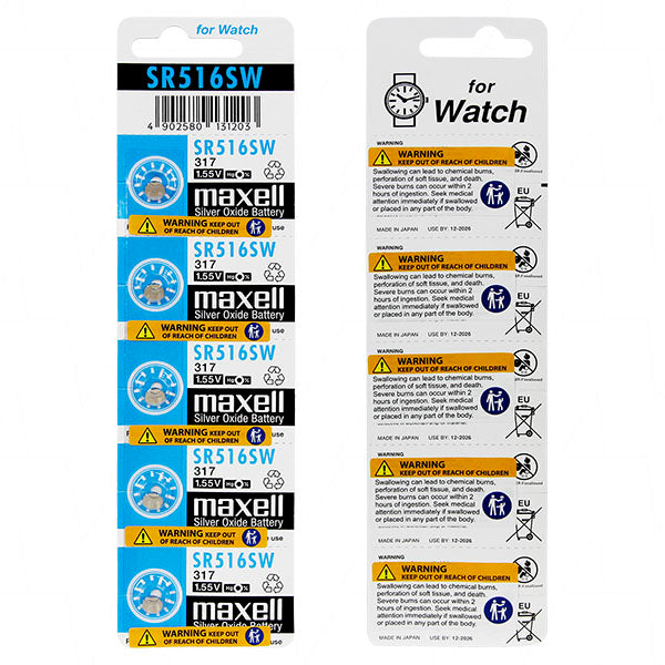 Maxell SR516SW-BP5 Silver Oxide 1.55V Button Cell Battery 5-Pack for Watches & Precision Devices, 11.5mAh, 5.8mm