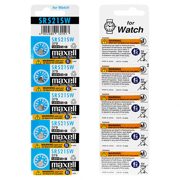 Maxell SR521SW-BP5 Silver Oxide Watch Battery 5-Pack, 1.55V, 16mAh, 5.8mm x 2.15mm, Premium Timepiece Power