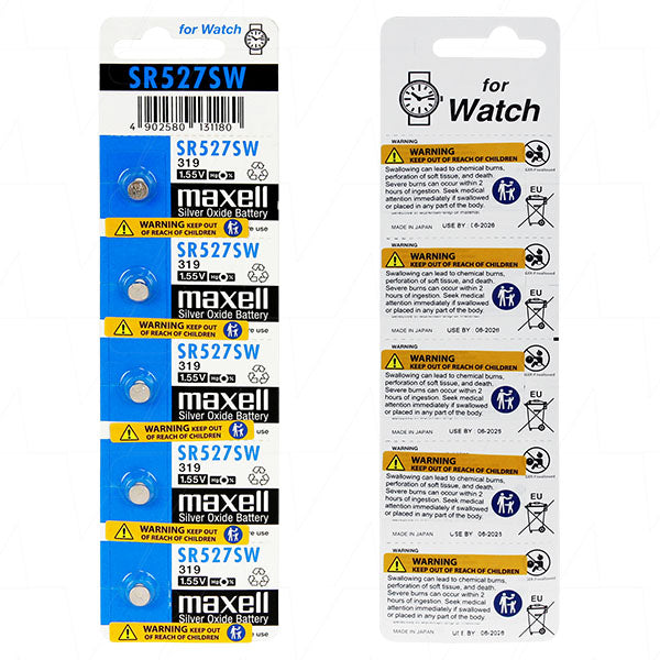 Maxell SR527SW-BP5 Silver Oxide Watch Battery - 1.55V, 17mAh Capacity, 5.8mm x 2.7mm, Long-Lasting Power