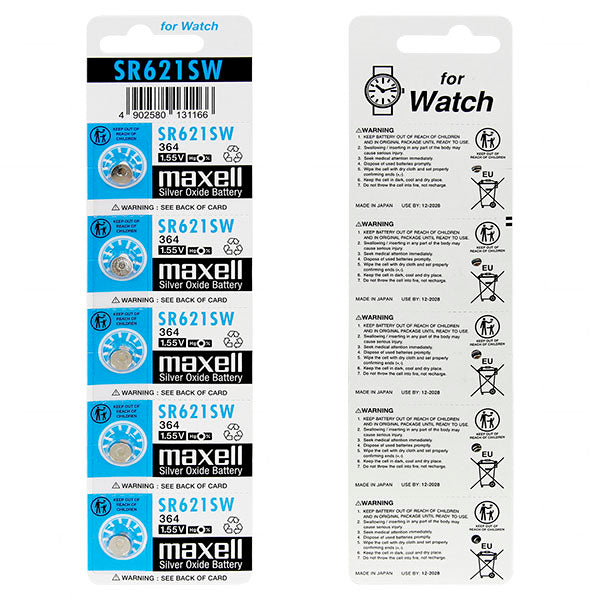 Maxell SR621SW Silver Oxide Watch Battery 5-Pack 1.55V, 23mAh, 6.8mm x 2.15mm, Professional-Grade Power for Precision Devices