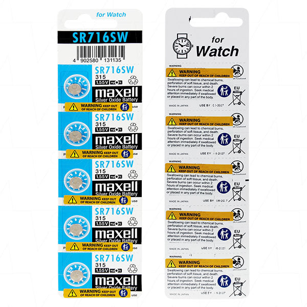 Maxell SR716SW Silver Oxide Button Cell Battery 5-Pack 1.55V, 21mAh, 7.9mm for Watches & Precision Devices