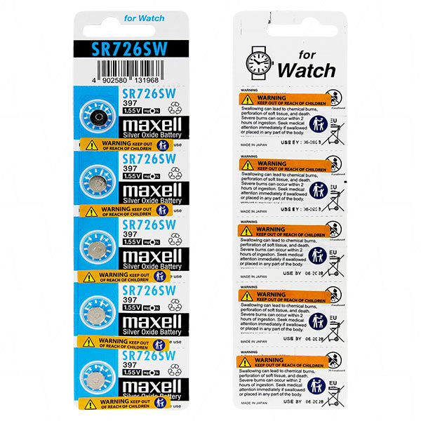 Maxell SR726SW-BP5 Silver Oxide Watch Battery 5-Pack, 1.55V, 33mAh, 7.9mm, Long-Lasting for Precision Devices