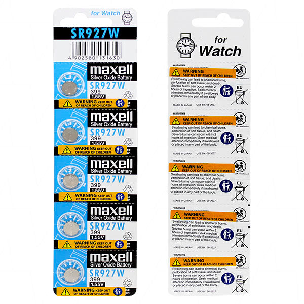 Maxell SR927W Silver Oxide Watch Battery 5-Pack - 1.55V, 60mAh Capacity, 9.5mm Diameter for Precision Devices