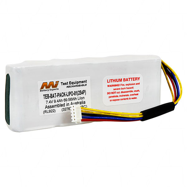 Professional-Grade 7.4V Lithium Ion Battery Pack 9.4Ah Capacity, 69.6Wh Output, Compact 138x53mm Size for Extended Equipment Runtime