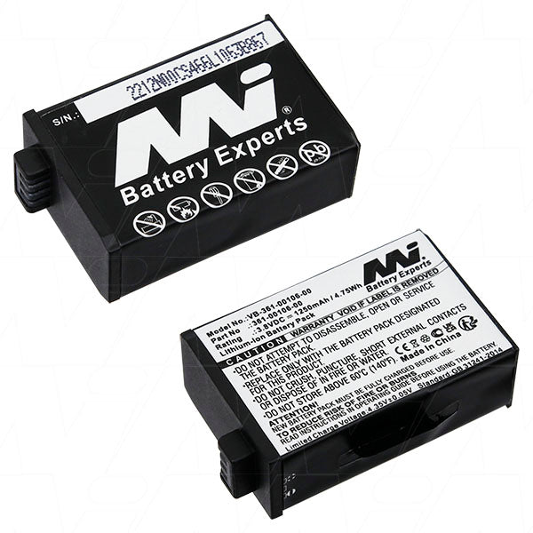 MI Battery Experts VB-361-00106-00-BP1 Action Camera Battery 3.8V Li-Ion, 1.25Ah, 4.8Wh, Compact 26.54x43.4mm, 25g