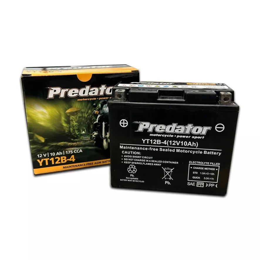 Predator YT12B-4 12V 10AH Motorcycle Battery - High-Performance Sealed Lead Acid with LL150 x W69 x H130mm Dimensions, 3.5kg Weight