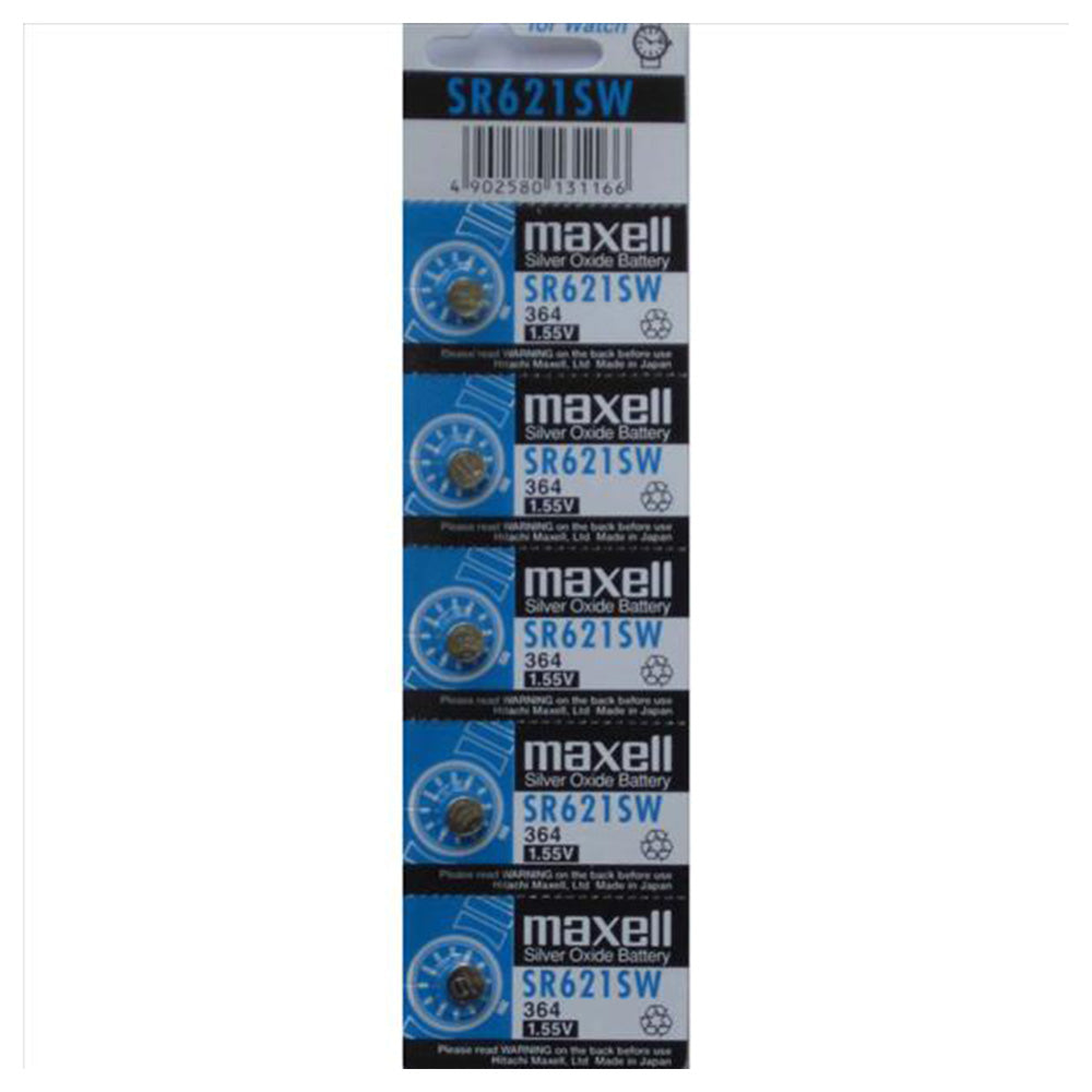 Maxell 1.55V Silver Oxide SR621SW (V364) Strip of 5