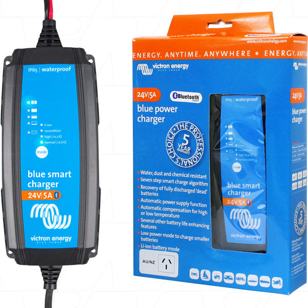 Blue Smart IP65 SLA-LiFePO4 Charger 24V 5A + Alligator Clips