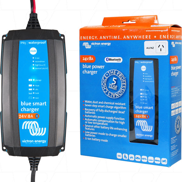 Blue Smart IP65 SLA-LiFePO4 Charger 24V 8A + Alligator Clips